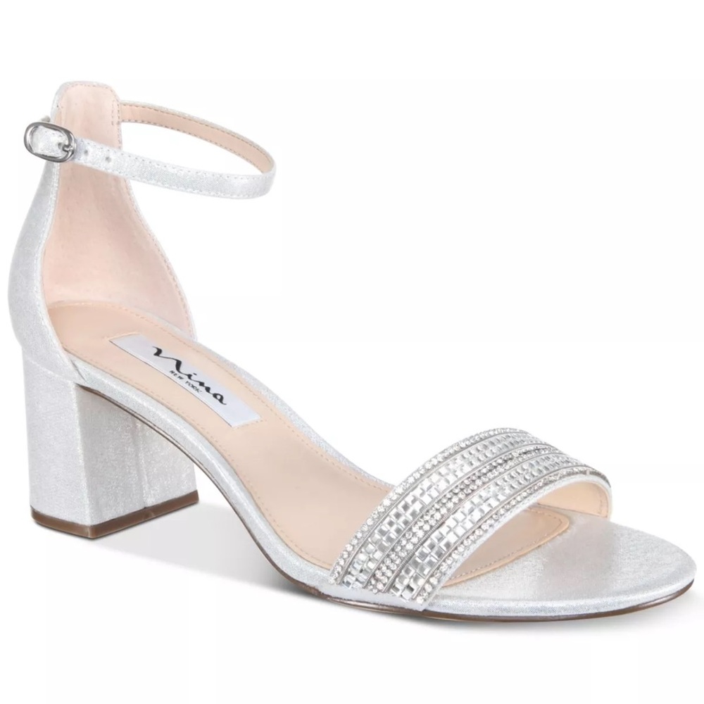 NINA Silver Embellished Elenora Round Toe Block Heel Leather Sandals - Reemoly